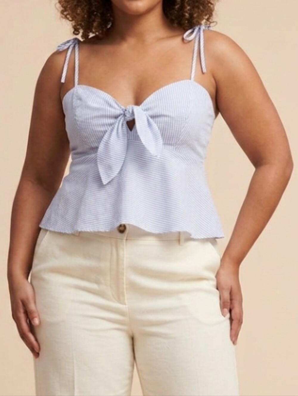 Anthropologie Maeve Striped Front Knot Tie Shoulder Coastal Peplum Cami Tank